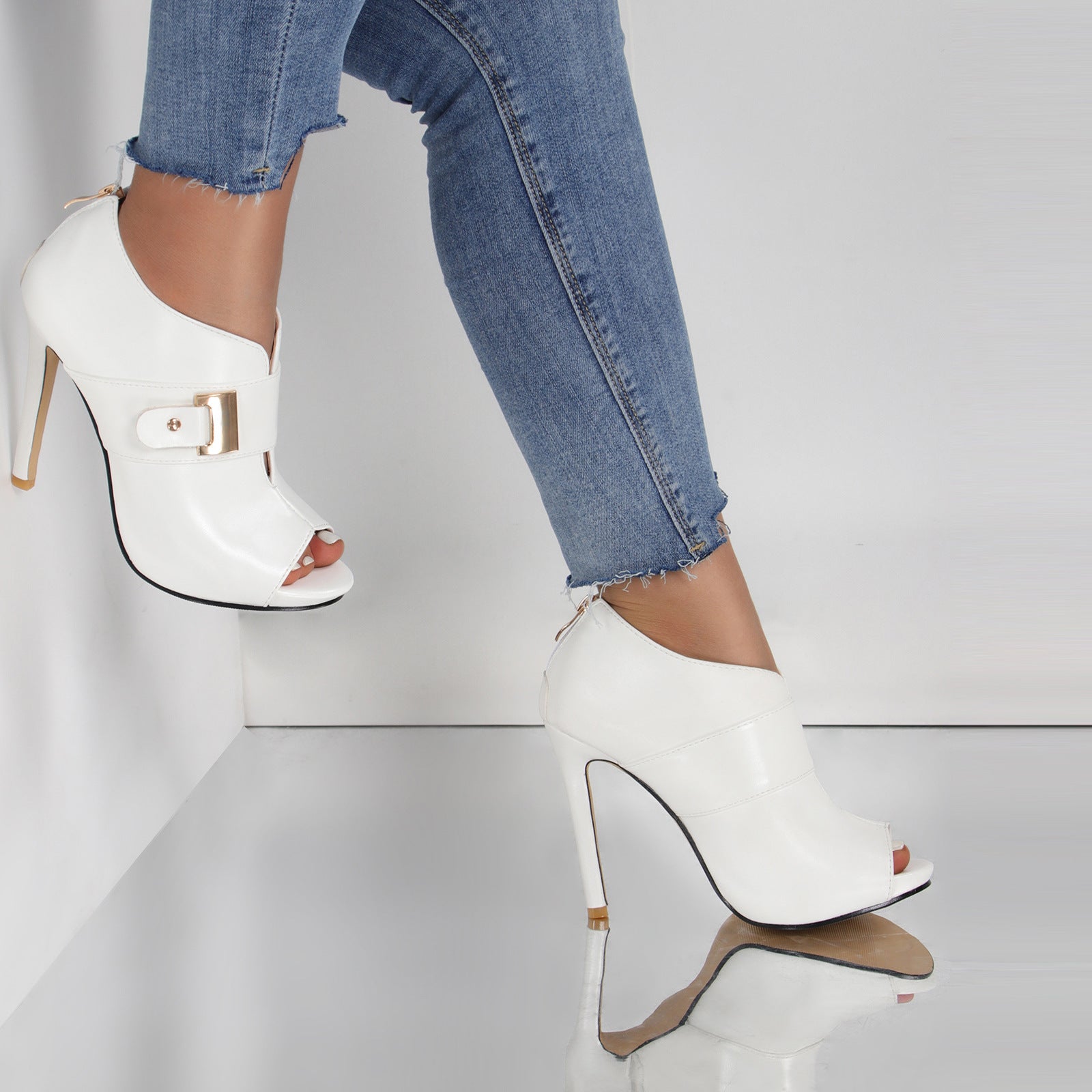 Peep-Toe Metal-Buckle Stiletto Heels