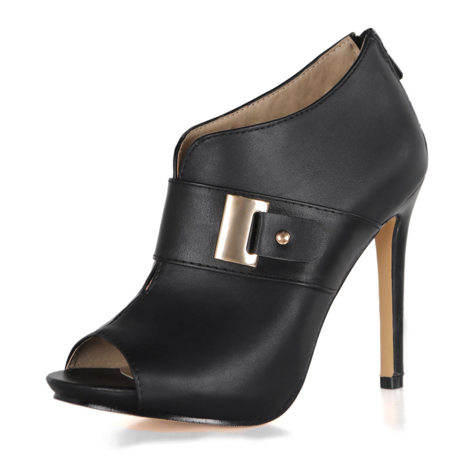 Peep-Toe Metal-Buckle Stiletto Heels