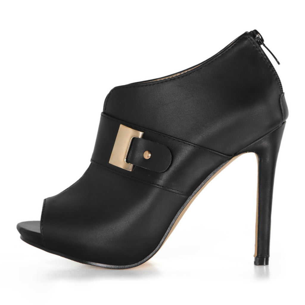 Peep-Toe Metal-Buckle Stiletto Heels