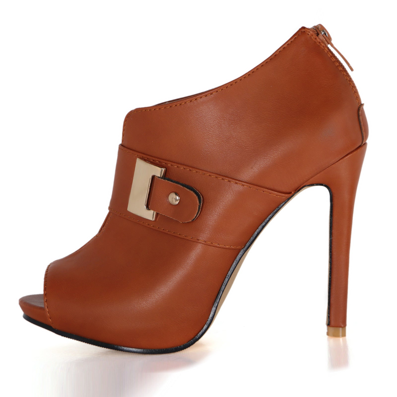 Peep-Toe Metal-Buckle Stiletto Heels