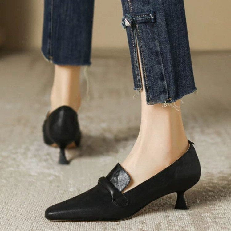 Retro French Pointed Toe Stiletto Low Heel Plus Size Single Shoes