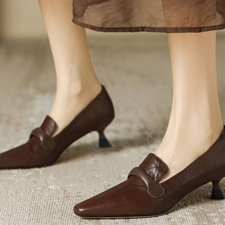 Retro French Pointed Toe Stiletto Low Heel Plus Size Single Shoes