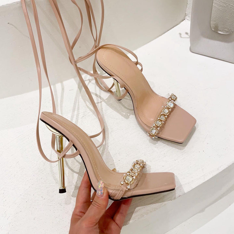 Square-Toe Rhinestone Cross-Strap Sandals