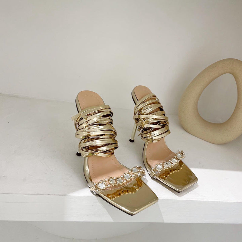 Square-Toe Rhinestone Cross-Strap Sandals