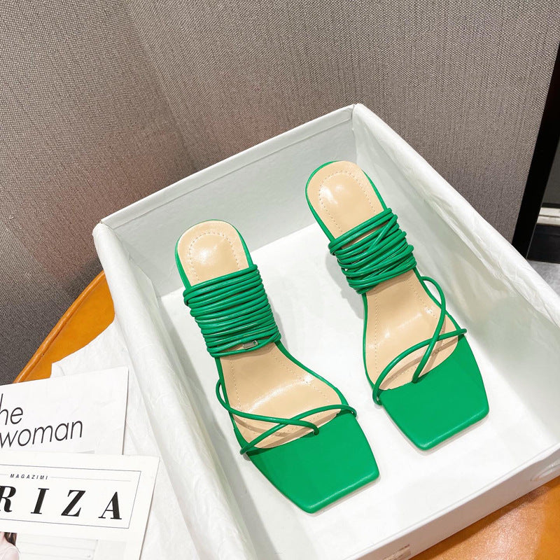 Square-Toe Wrap-Strap High Heel Sandals
