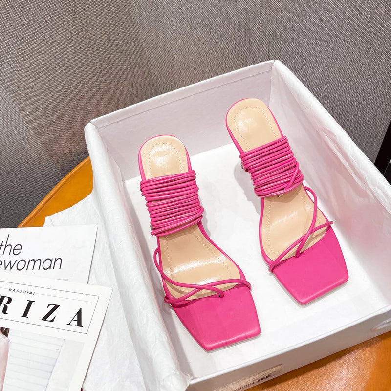 Square-Toe Wrap-Strap High Heel Sandals
