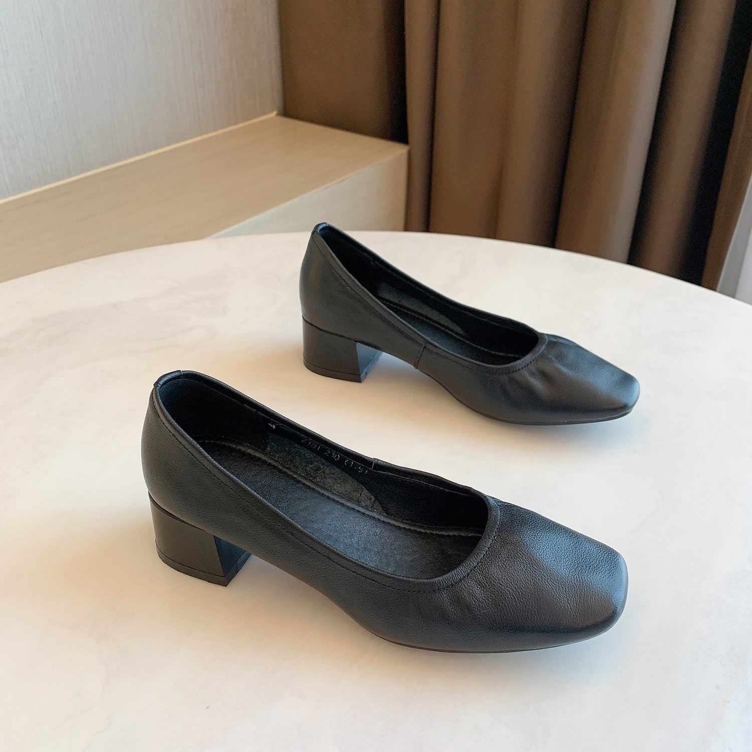 Square Toe Leather Block Heel Flats