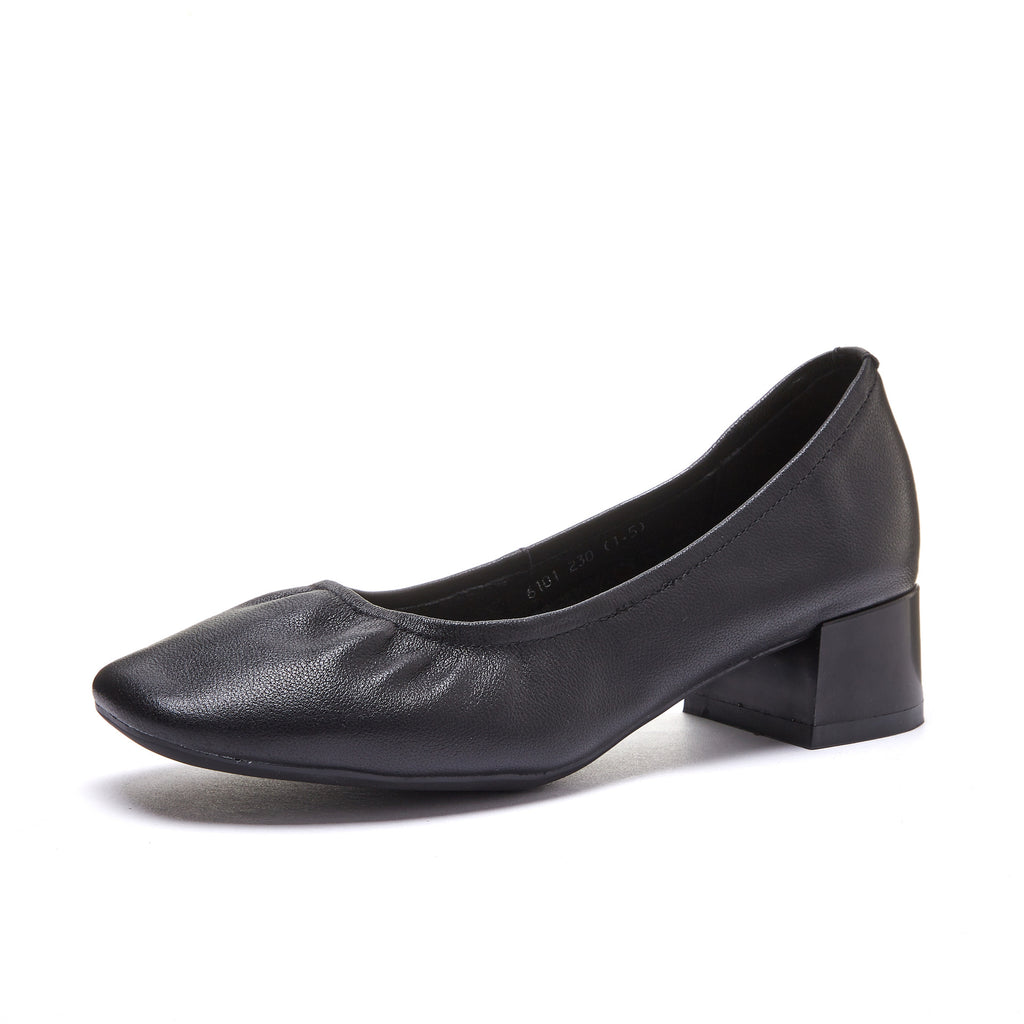 Square Toe Leather Block Heel Flats