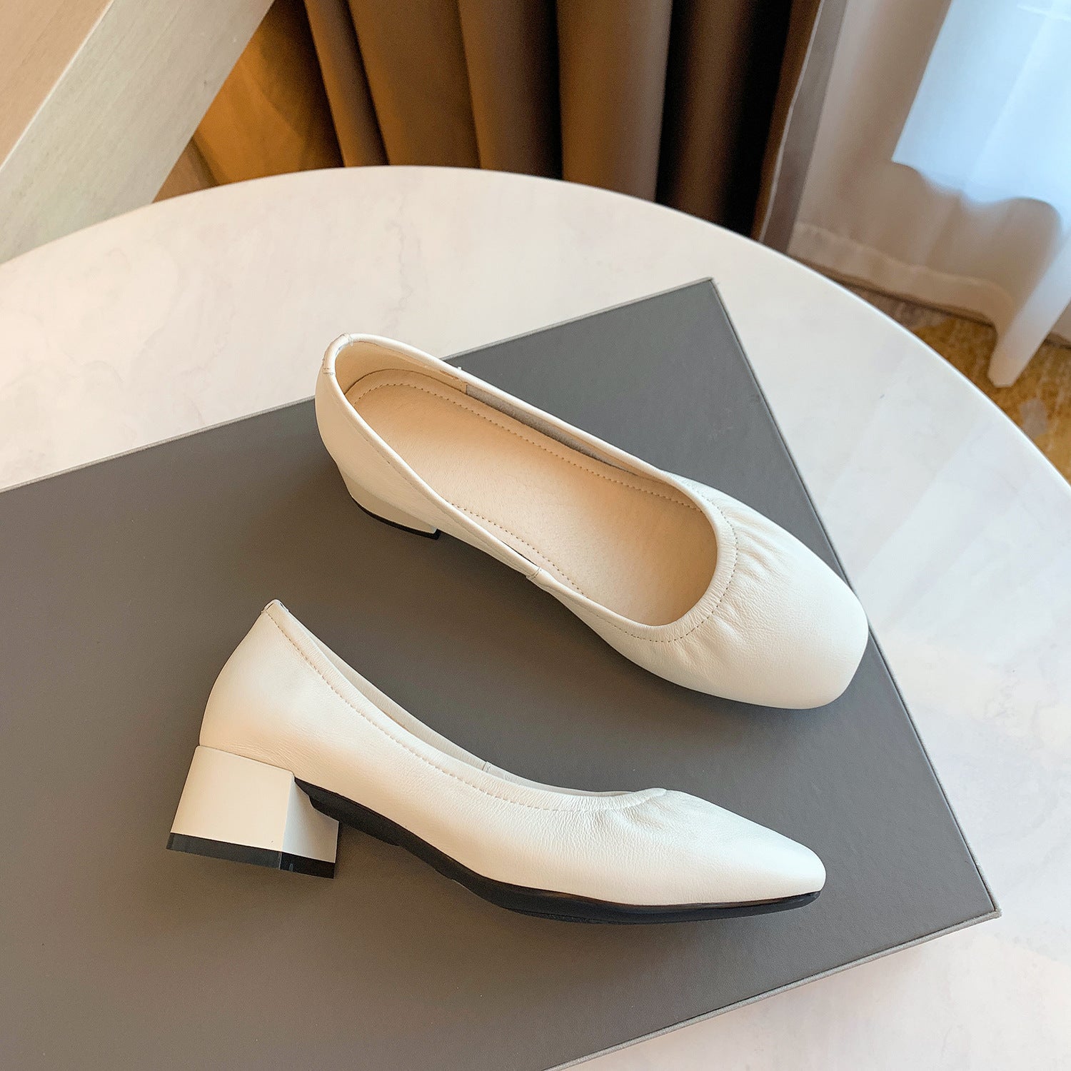 Square Toe Leather Block Heel Flats