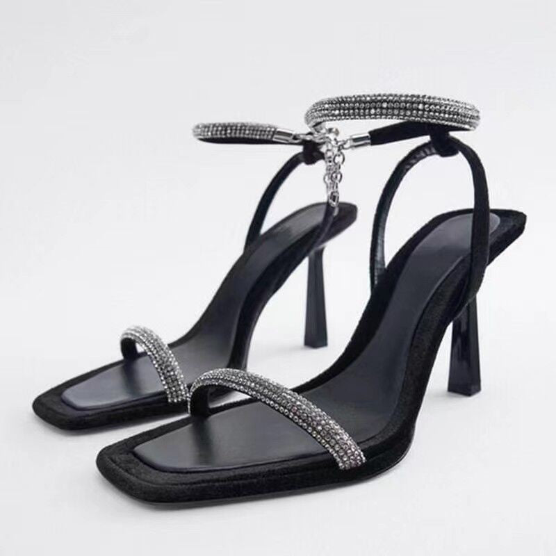 Square Toe Rhinestone Stiletto Sandals