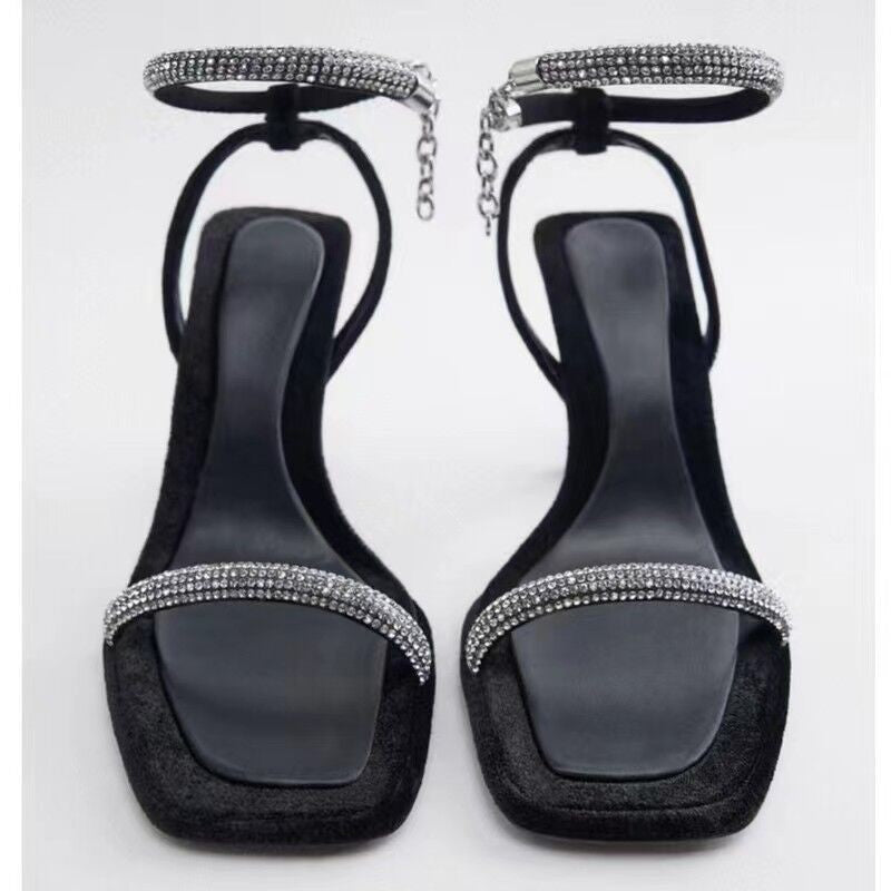 Square Toe Rhinestone Stiletto Sandals