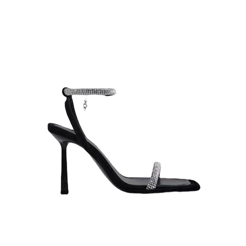 Square Toe Rhinestone Stiletto Sandals
