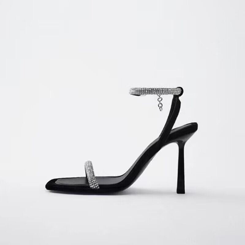 Square Toe Rhinestone Stiletto Sandals