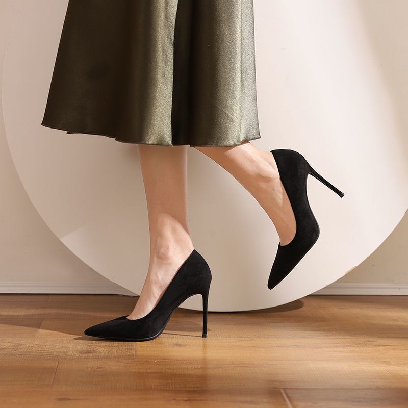Suede Black Stiletto Pointed-Toe Heels