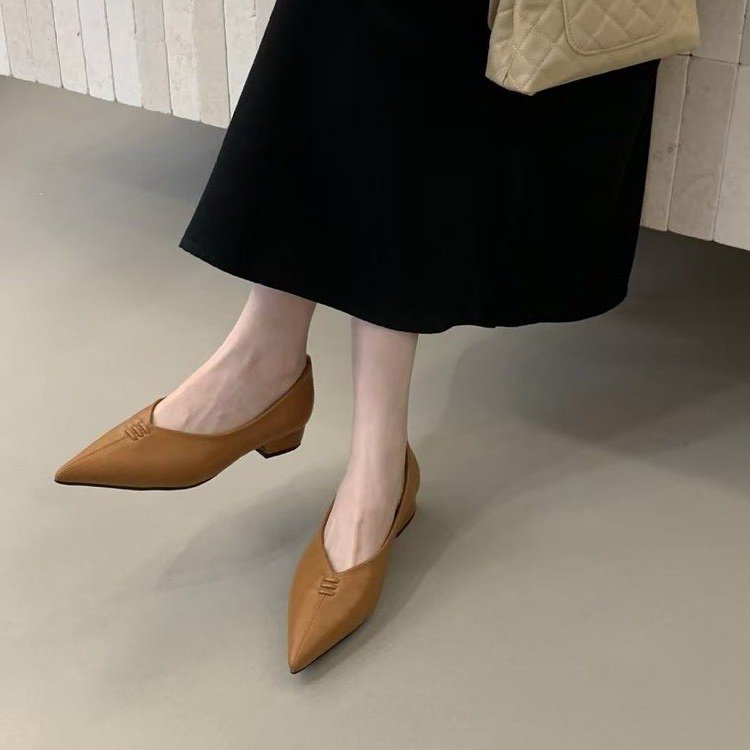French Pointed-Toe Chunky Low Heel Slip-On Flats