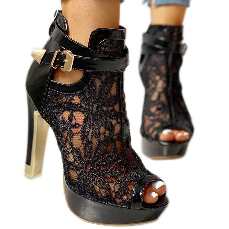 Lace-Trimmed Buckle Peep Toe Chunky Heel Sandals