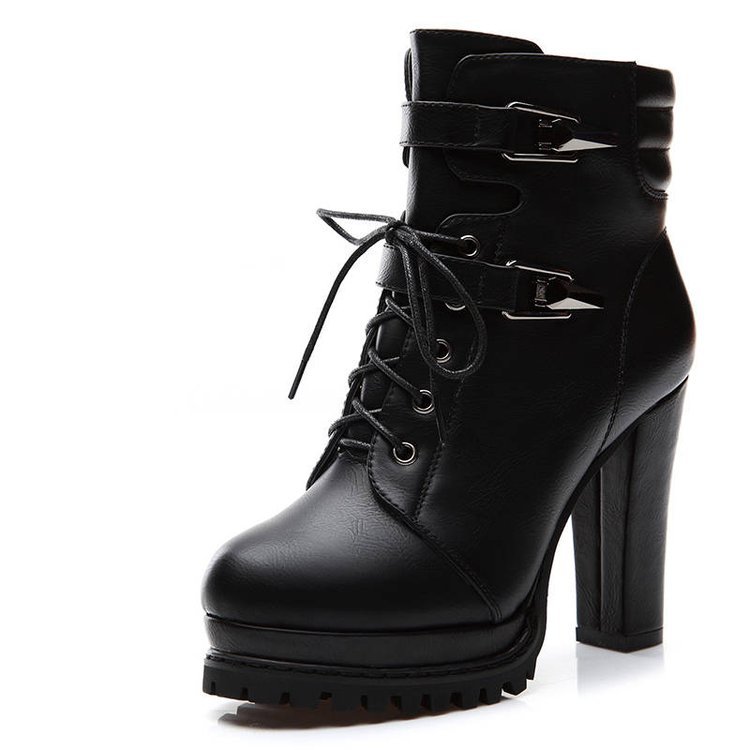 Double Buckle Lace Up High Heel Boots