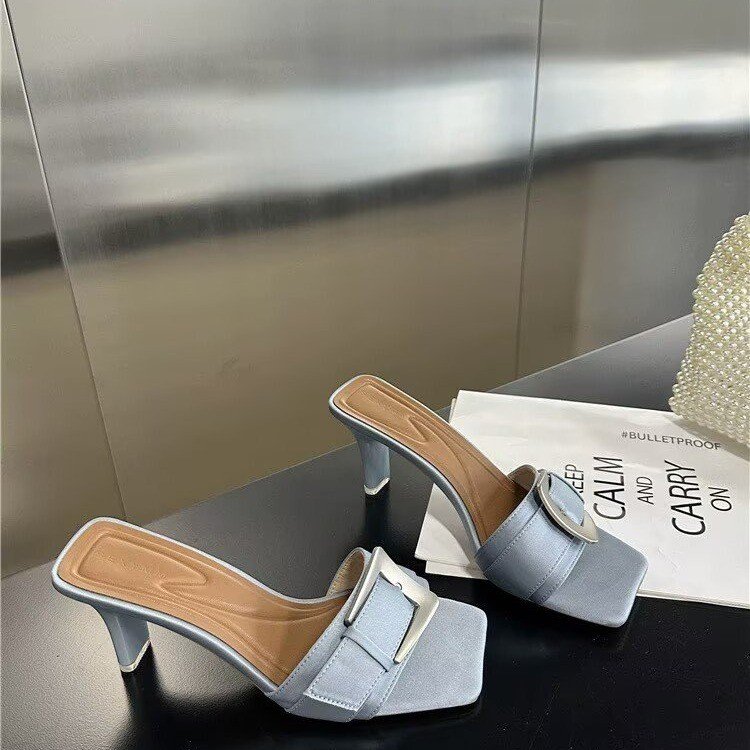 Belt Buckle Satin Square Toe High Heel Slippers