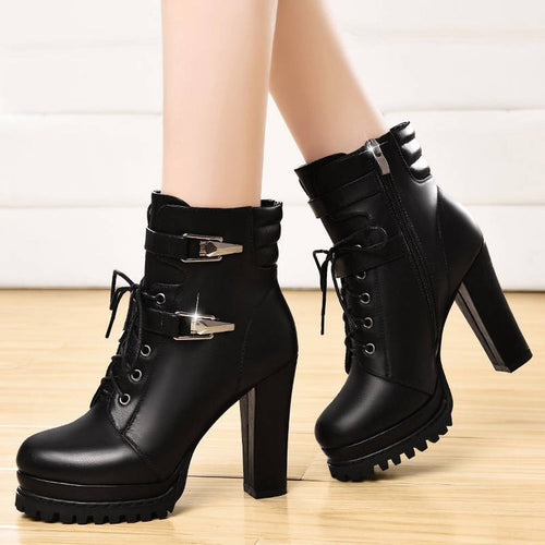 Double Buckle Lace Up High Heel Boots