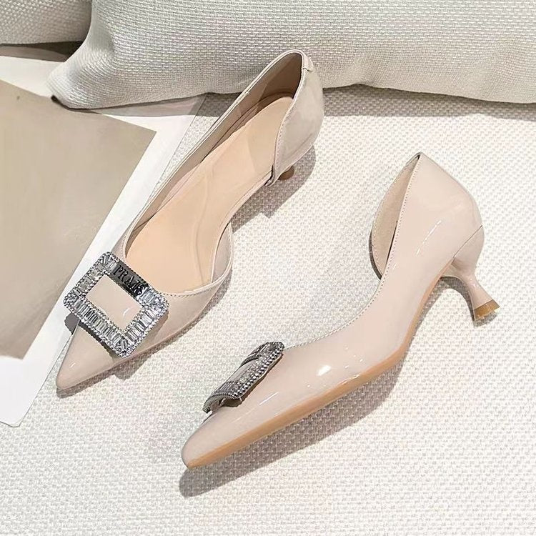 French Rhinestone Square Buckle Pointed Closed Toe Heels