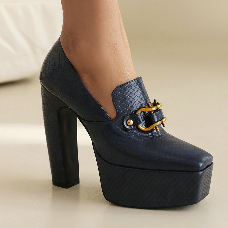 Square Toe Chunky Snake Print Block Heels