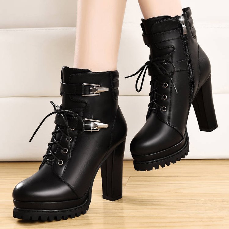 Double Buckle Lace Up High Heel Boots