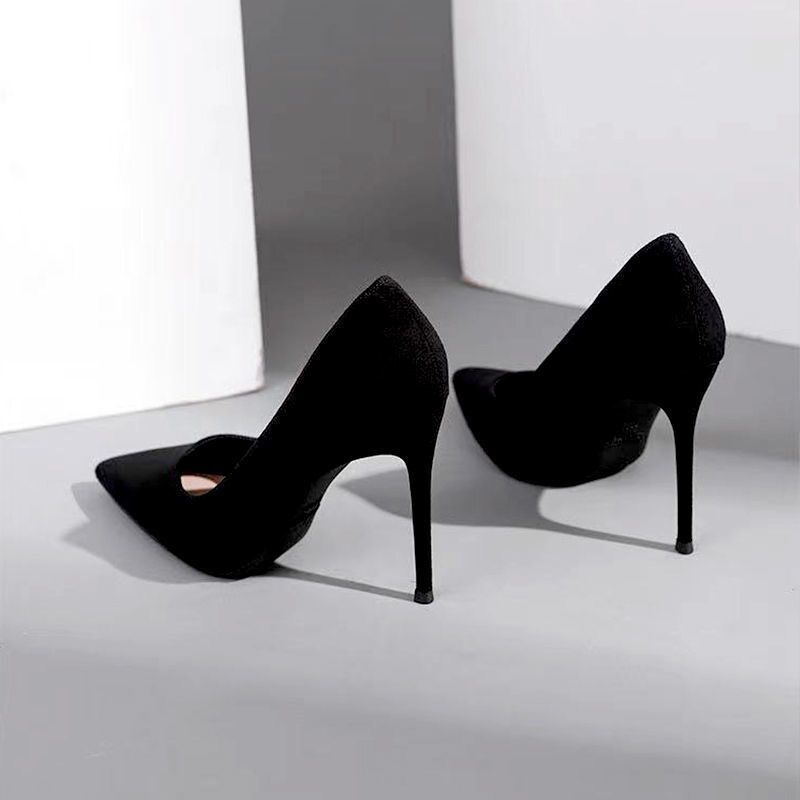 Suede Black Stiletto Pointed-Toe Heels