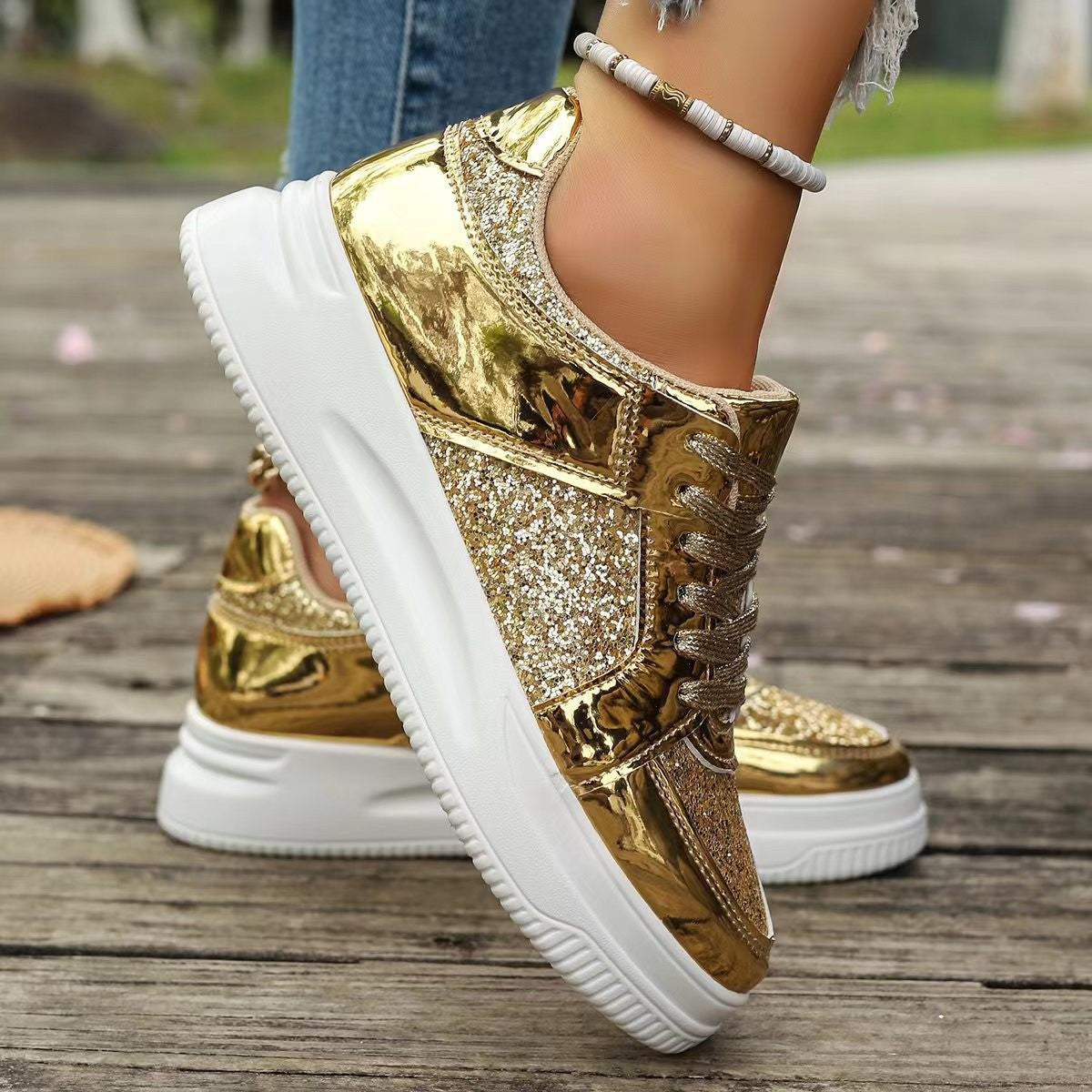 Lace-up Sequin Design Thick Bottom Round Toe Non-slip Walking Sneakers