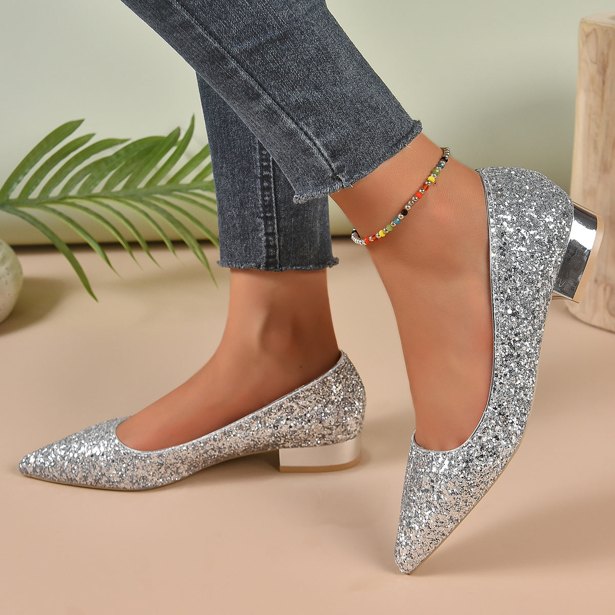 Crystal Sequins Low Heel Flats