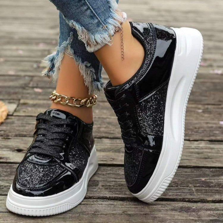 Lace-up Sequin Design Thick Bottom Round Toe Non-slip Walking Sneakers