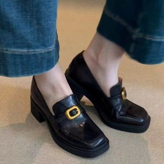 Retro Leather Loafers Metal Buckle Flats