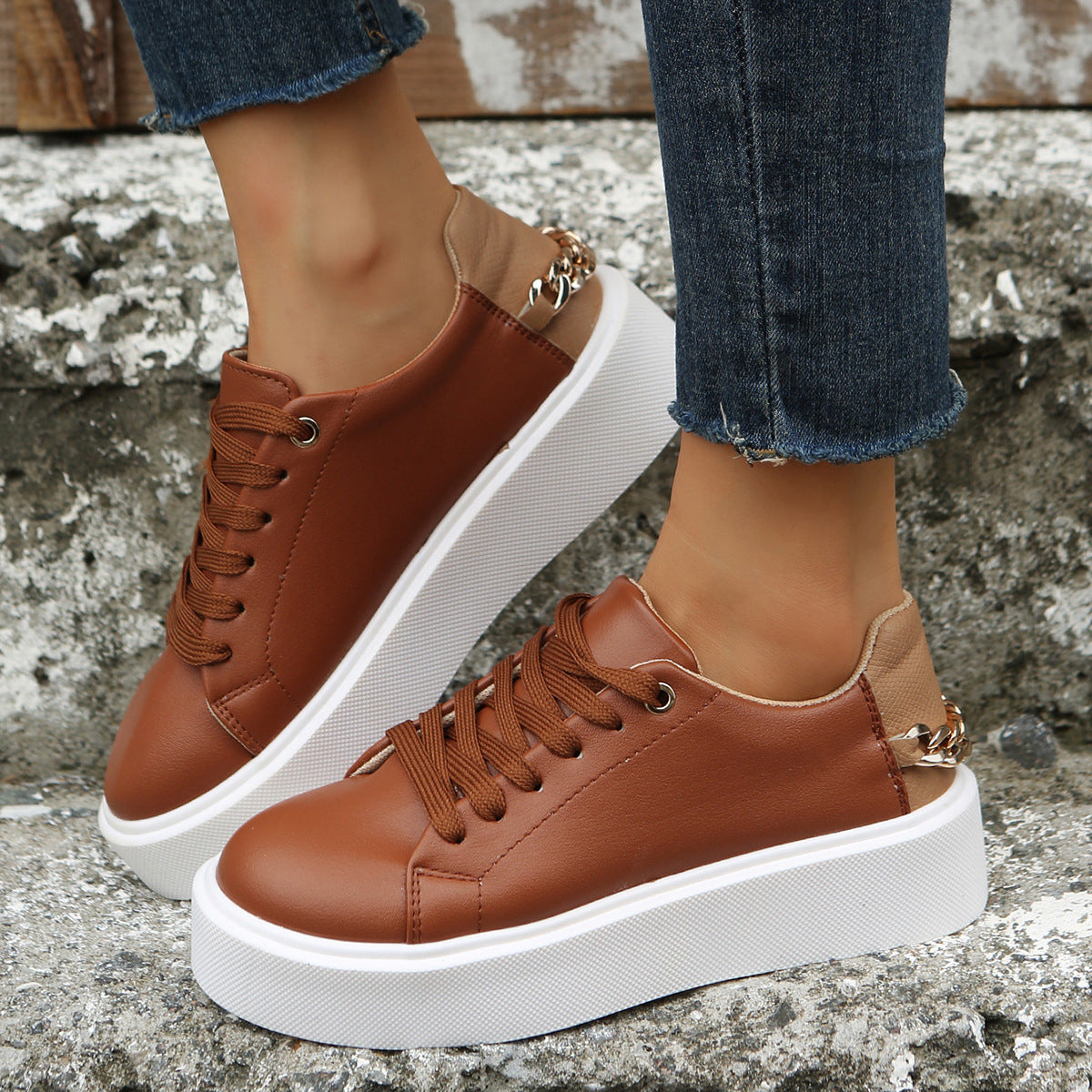 Flat Heeled Chain Lace Up Sneakers