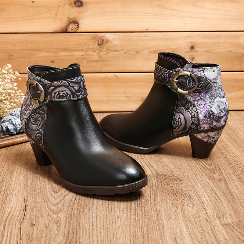 Side Zipper Leather Loop Buckle Ankle Boots