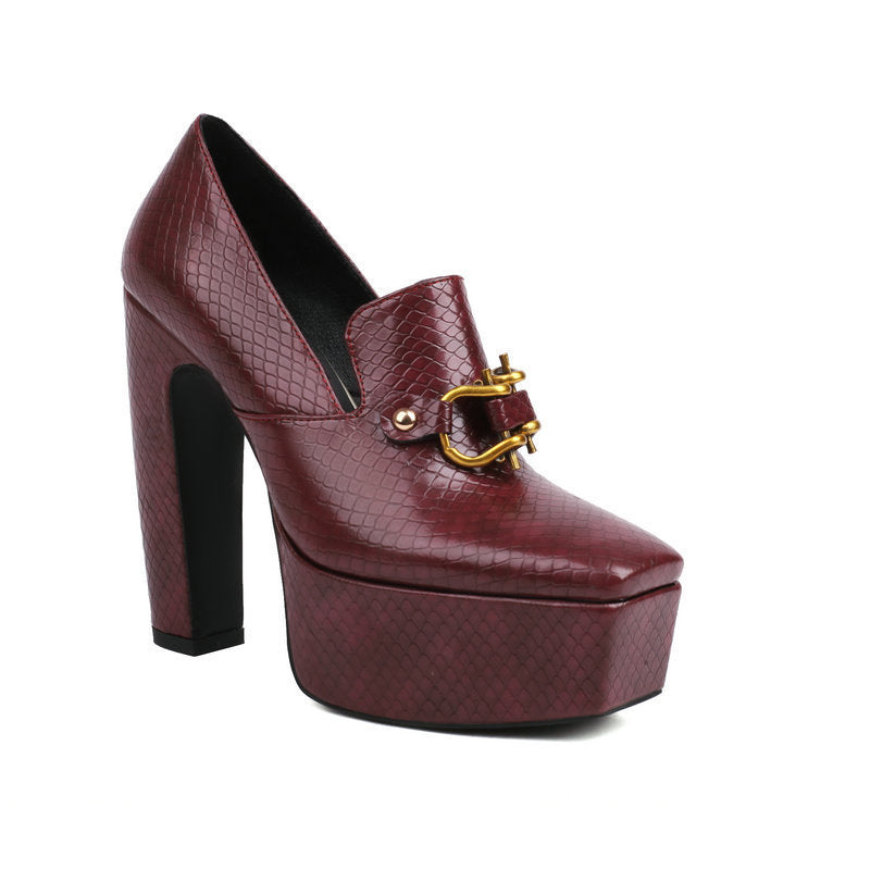 Square Toe Chunky Snake Print Block Heels
