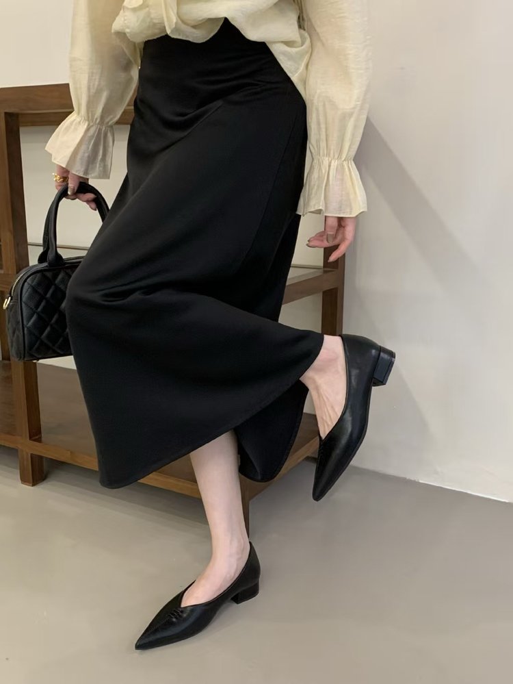 French Pointed-Toe Chunky Low Heel Slip-On Flats