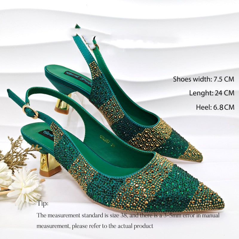 Stripe Rhinestone Pointed-Toe Mid Heels