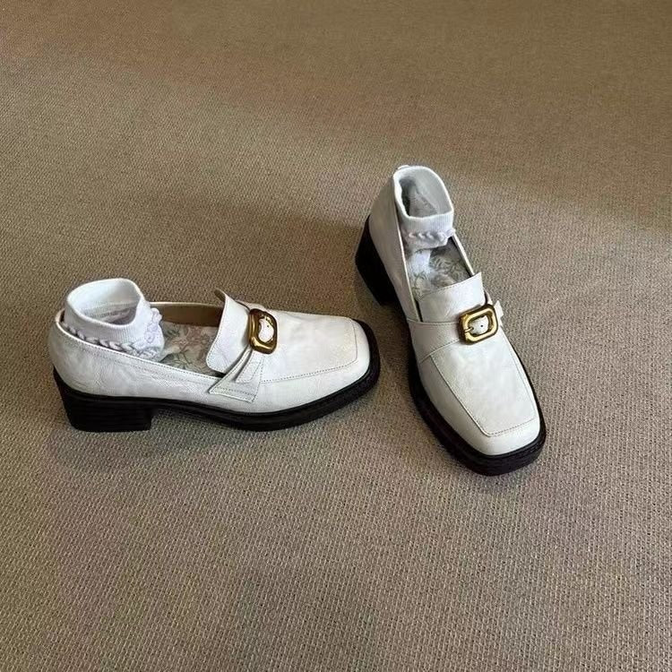 Retro Leather Loafers Metal Buckle Flats