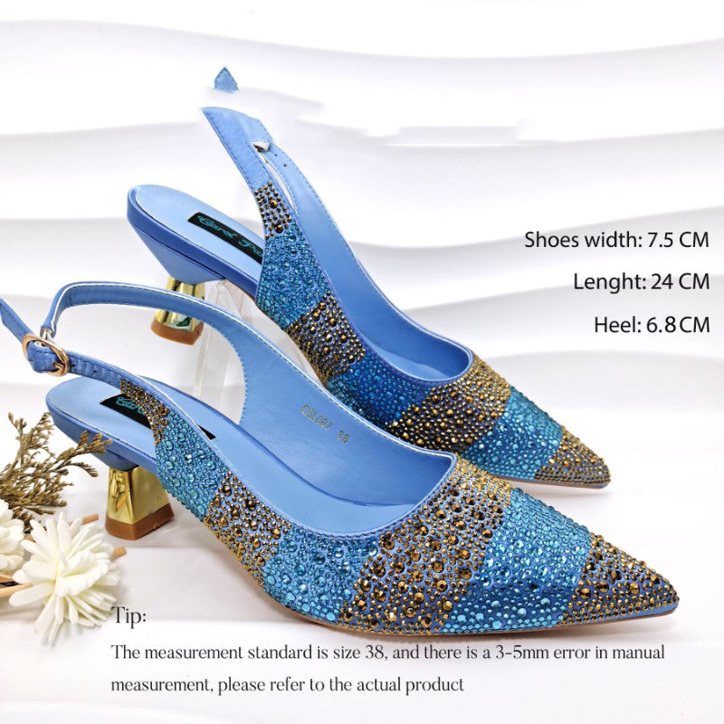 Stripe Rhinestone Pointed-Toe Mid Heels